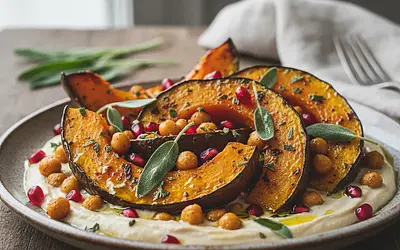 Roasted hokkaido pumpkin with sage, pomegranate, and crispy chickpeas in tahini sauce