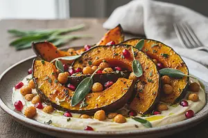 Roasted hokkaido pumpkin with sage, pomegranate, and crispy chickpeas in tahini sauce