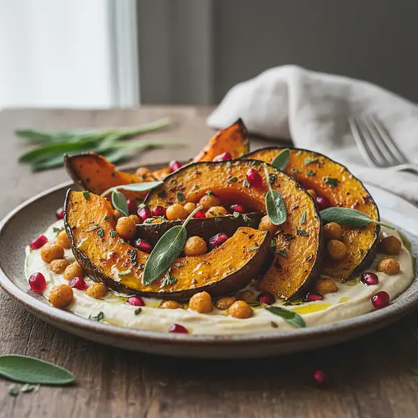 Roasted hokkaido pumpkin with sage, pomegranate, and crispy chickpeas in tahini sauce