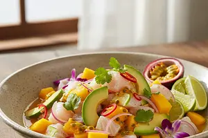 Mango and Avocado Ceviche with Spicy Passion Fruit