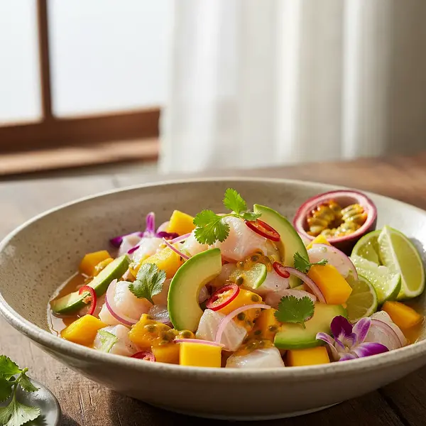 Mango and Avocado Ceviche with Spicy Passion Fruit