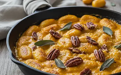 Baked Gnocchi with Creamy Pumpkin Sauce, Sage, and Caramelized Pecans