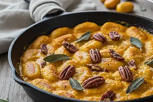 Pieczone Gnocchi z Kremowym Sosem Dyniowym, Szałwią i Karmelizowanymi Orzechami Pekan