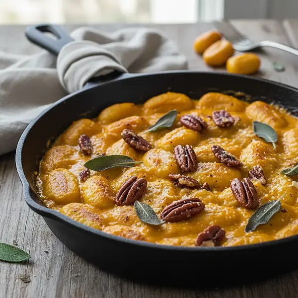 Pieczone Gnocchi z Kremowym Sosem Dyniowym, Szałwią i Karmelizowanymi Orzechami Pekan