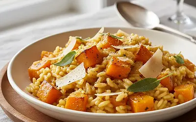 Kremowe risotto z pieczoną dynią, szałwią i parmezanem