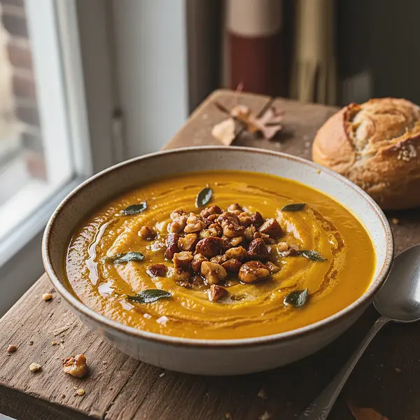 Kremowa zupa dyniowa z pieczonymi kasztanami i szałwiowym masłem