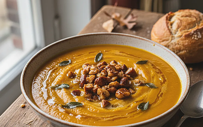 Kremowa zupa dyniowa z pieczonymi kasztanami i szałwiowym masłem
