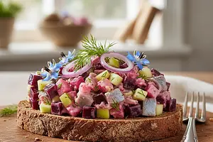 Tatar ze śledzia z burakiem i jabłkiem na pumperniklu