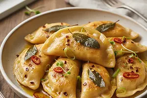 Pierogi z Dynią Hokaido i Trawą Cytrynową w Maślanym Sosie z Szałwią i Chili