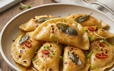 Pierogi z Dynią Hokaido i Trawą Cytrynową w Maślanym Sosie z Szałwią i Chili