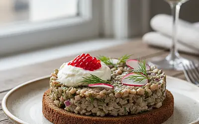 Tatar ze śledzia na pumperniklu z musem chrzanowym i kawiorem z buraka