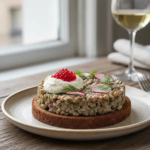 Tatar ze śledzia na pumperniklu z musem chrzanowym i kawiorem z buraka