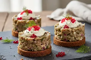 Tatar ze Śledzia na Pumperniklu z Musem Chrzanowym i Kawiorem z Buraka