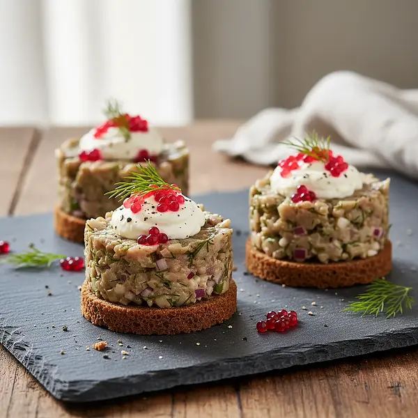 Tatar ze Śledzia na Pumperniklu z Musem Chrzanowym i Kawiorem z Buraka