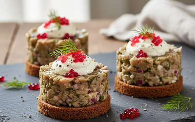 Tatar ze Śledzia na Pumperniklu z Musem Chrzanowym i Kawiorem z Buraka
