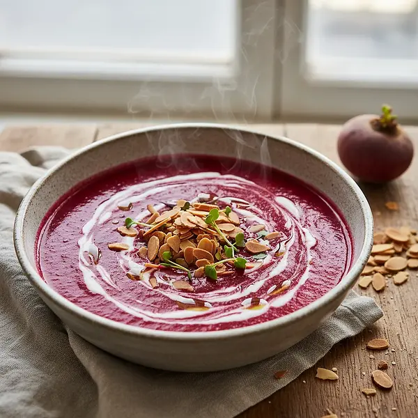 Aksamitny krem z pieczonego buraka z nutą kokosa i chrupiącymi migdałami