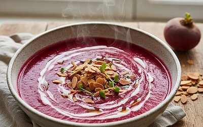 Aksamitny krem z pieczonego buraka z nutą kokosa i chrupiącymi migdałami