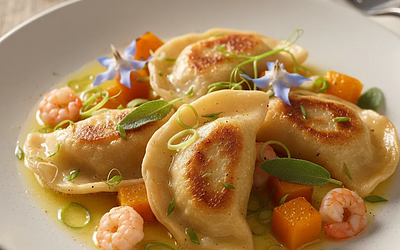 Pierogi Fusion z Dynią, Krewetkami i Trawą Cytrynową w Maśle Szałwiowym