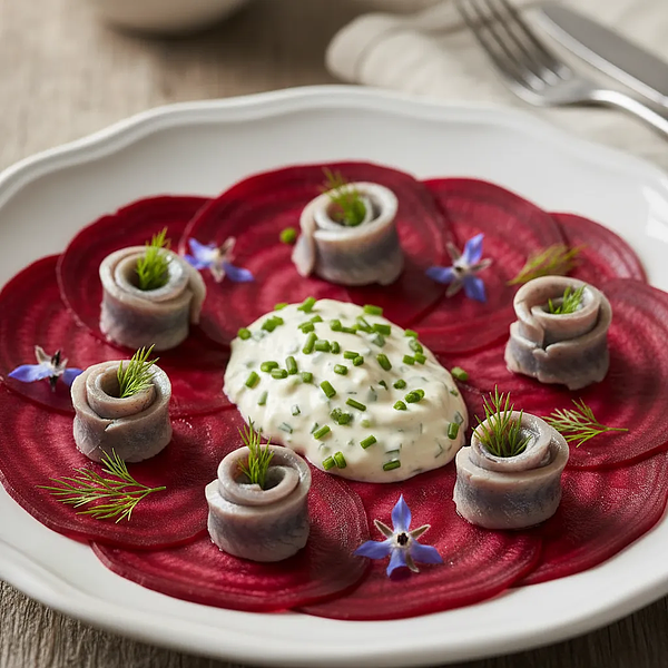 Śledziowe róże na buraczanym carpaccio z kremowym sosem chrzanowym