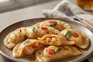 Pierogi Fusion z Dynią i Krewetkami w Maśle Szałwiowym z Nutą Chili