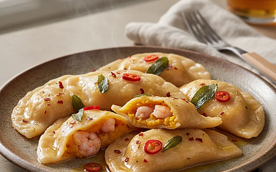 Pierogi Fusion z Dynią i Krewetkami w Maśle Szałwiowym z Nutą Chili