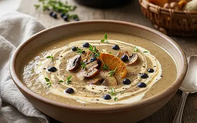 Creamy porcini mushroom soup with juniper and thyme