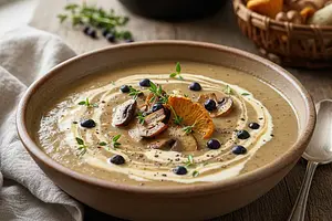 Creamy porcini mushroom soup with juniper and thyme