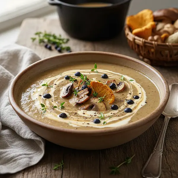 Creamy porcini mushroom soup with juniper and thyme