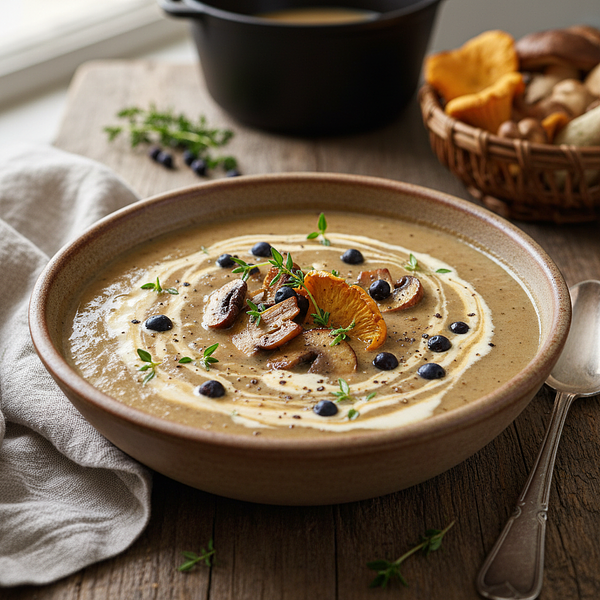 Creamy porcini mushroom soup with juniper and thyme