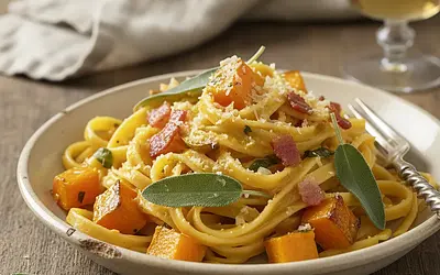 Tagliatelle with roasted pumpkin, sage, and crispy pancetta