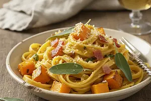 Tagliatelle with roasted pumpkin, sage, and crispy pancetta