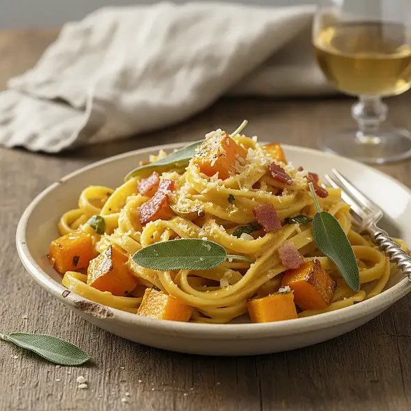 Tagliatelle with roasted pumpkin, sage, and crispy pancetta