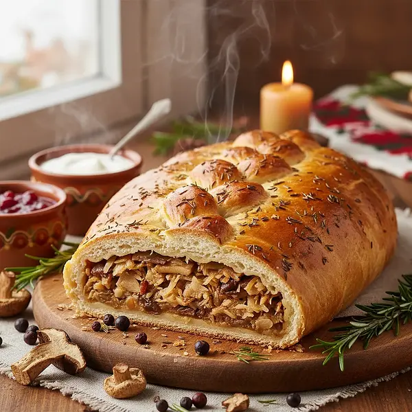 Old Polish Kulebiak for Christmas Eve with Cabbage and Mushrooms