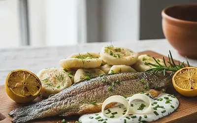 Highlander-style trout with bryndza cheese, potato dumplings, and horseradish sauce