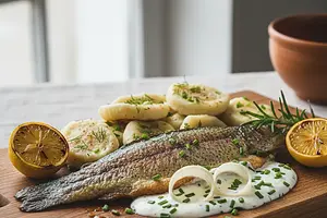 Pstrąg po podhalańsku z bryndzą, hałuskami i sosem chrzanowym