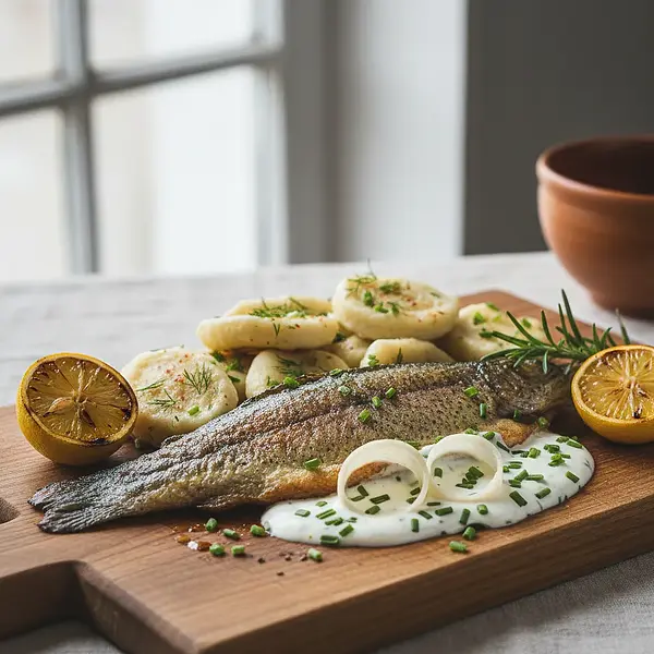 Highlander-style trout with bryndza cheese, potato dumplings, and horseradish sauce