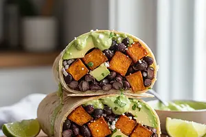 Hearty Wrap with Roasted Sweet Potato, Black Beans, and Avocado-Lime Sauce