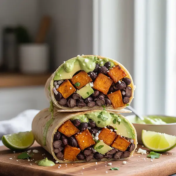 Hearty Wrap with Roasted Sweet Potato, Black Beans, and Avocado-Lime Sauce