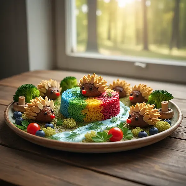 Forest Glade with Hedgehog Meatballs and Rainbow Rice