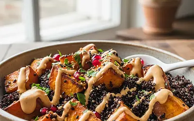 Bowl with roasted sweet potato, black quinoa, and tahini-orange sauce