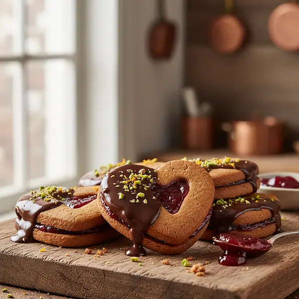 Spiced hearts with plum jam in dark chocolate