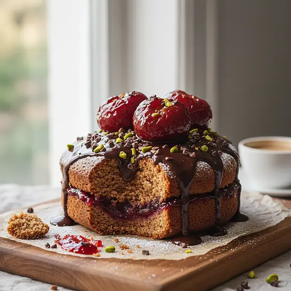 Quick Spiced Gingerbread with Plum Jam and Chocolate