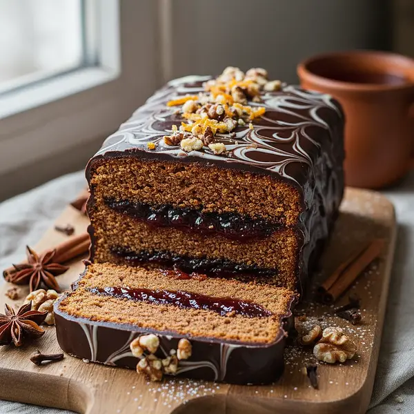 Old Polish Spiced Gingerbread with Plum Jam and Chocolate