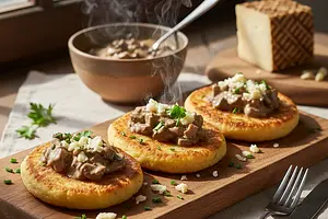 Podhale-style dumplings with mushroom sauce and smoked bryndza