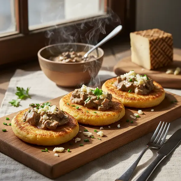 Podhale-style dumplings with mushroom sauce and smoked bryndza