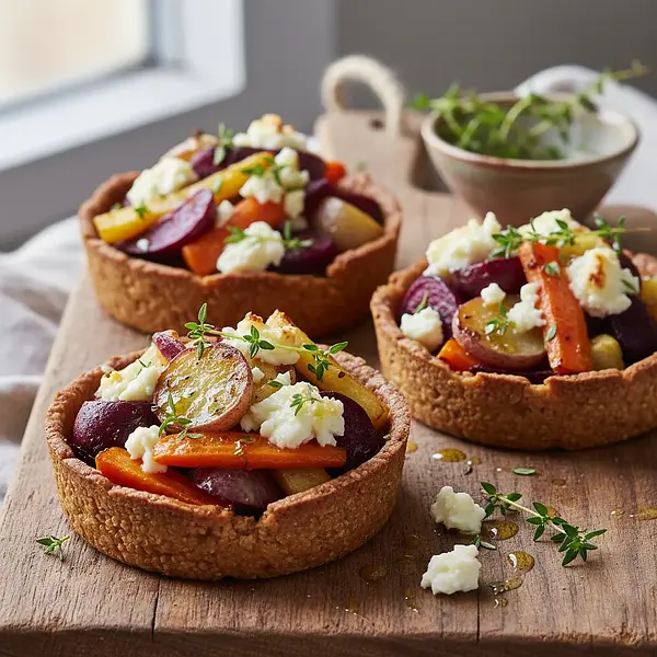 Buckwheat Tartlets with Roasted Root Vegetables, Goat Cheese, and Thyme