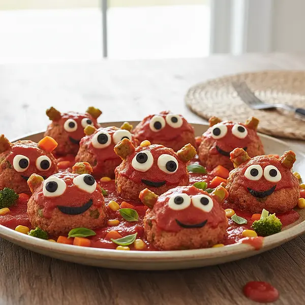 Colorful Turkey and Vegetable Monsters in Tomato Sauce