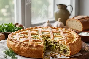 Christmas Kulebiak with Cabbage and Mushrooms