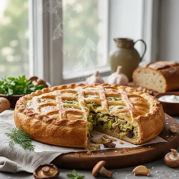 Christmas Kulebiak with Cabbage and Mushrooms