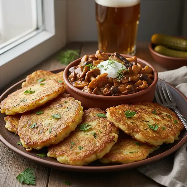 Czech Potato Pancakes with Mushroom Goulash